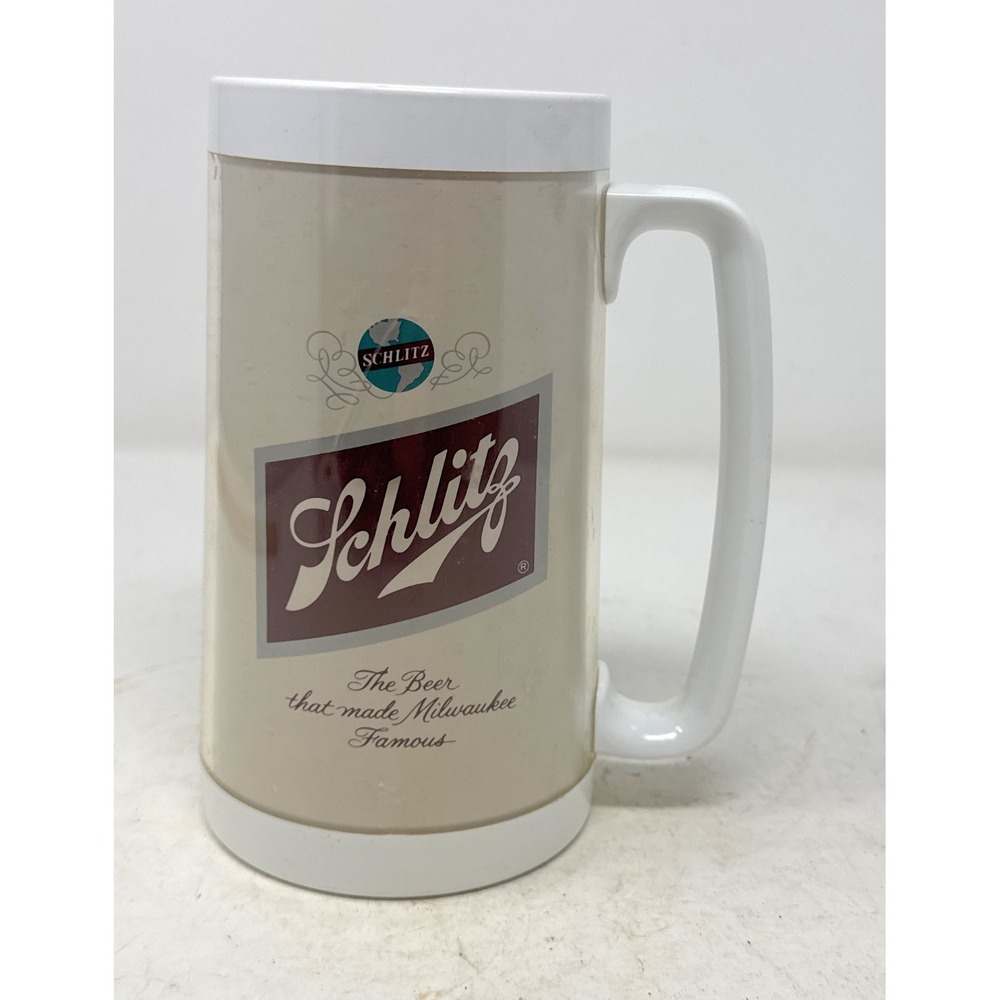 Schlitz Logo Beer Plastic‎ Stein Mug Thermo-Serv White Handle Insulated Vintage. - Picture 2 of 3